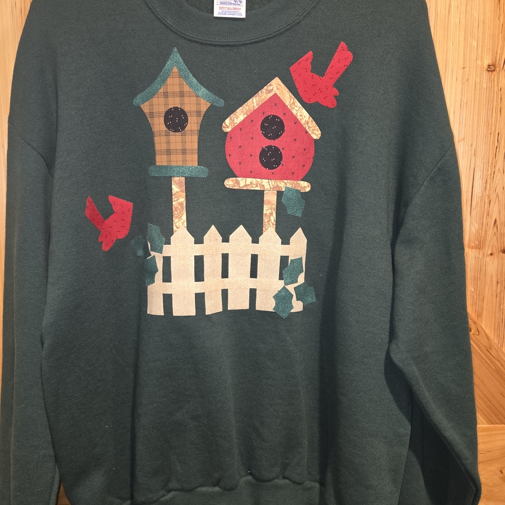 Jerzees Forest Green Womens Crewneck Sweatshirt Birdhouse Holiday Size Large